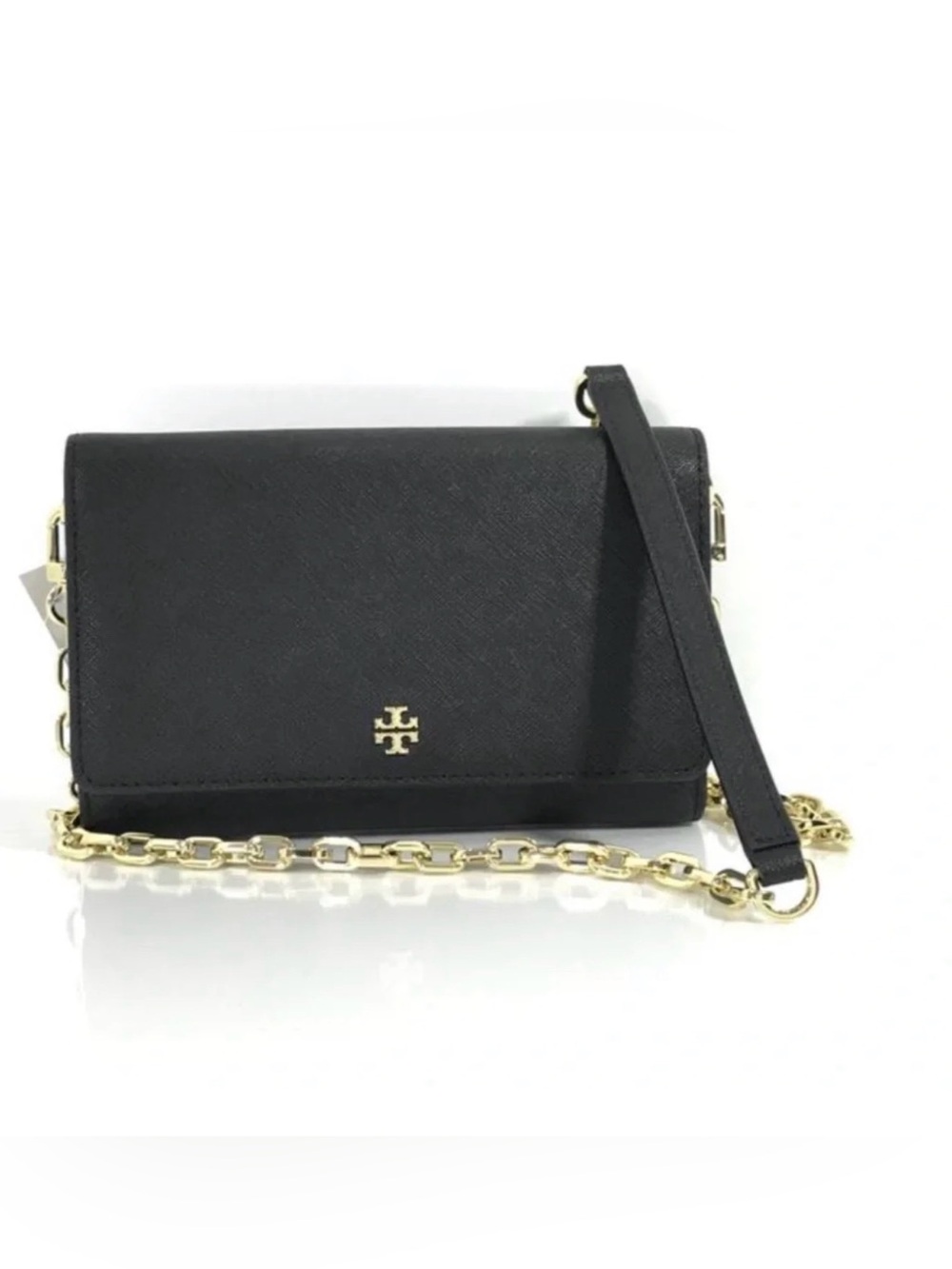 Tory Burch Emerson Chain Wallet Crossbody in Smooth Patent Leather Black.